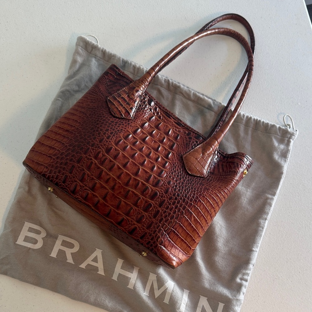 Brahmin Rich Brown Crocodile Embossed Leather Tote – 9” x 12”